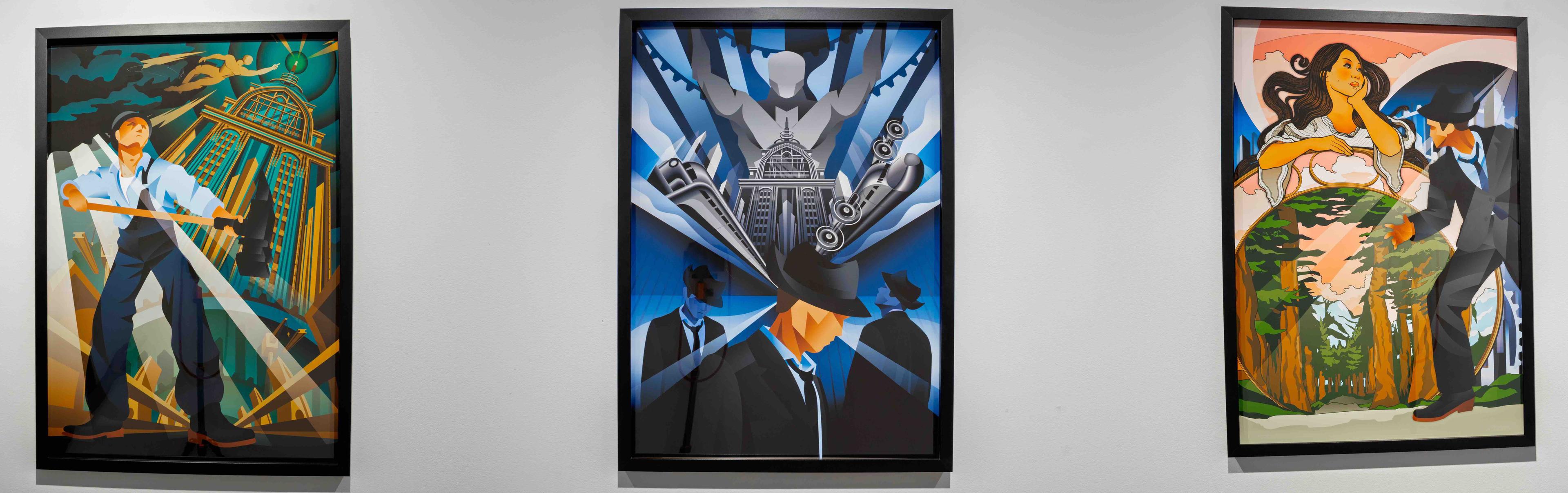 Three posters depicting a sequential narrative with representations of determination, anguish, and wonder. It features a central figure in each poster experiencing creative change.